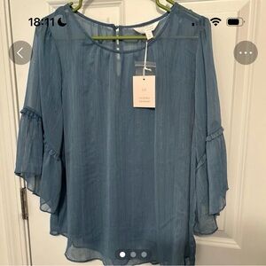 LC Lauren Conrad Dusty Blue Ruffle-Sleeve Sheer Blouse